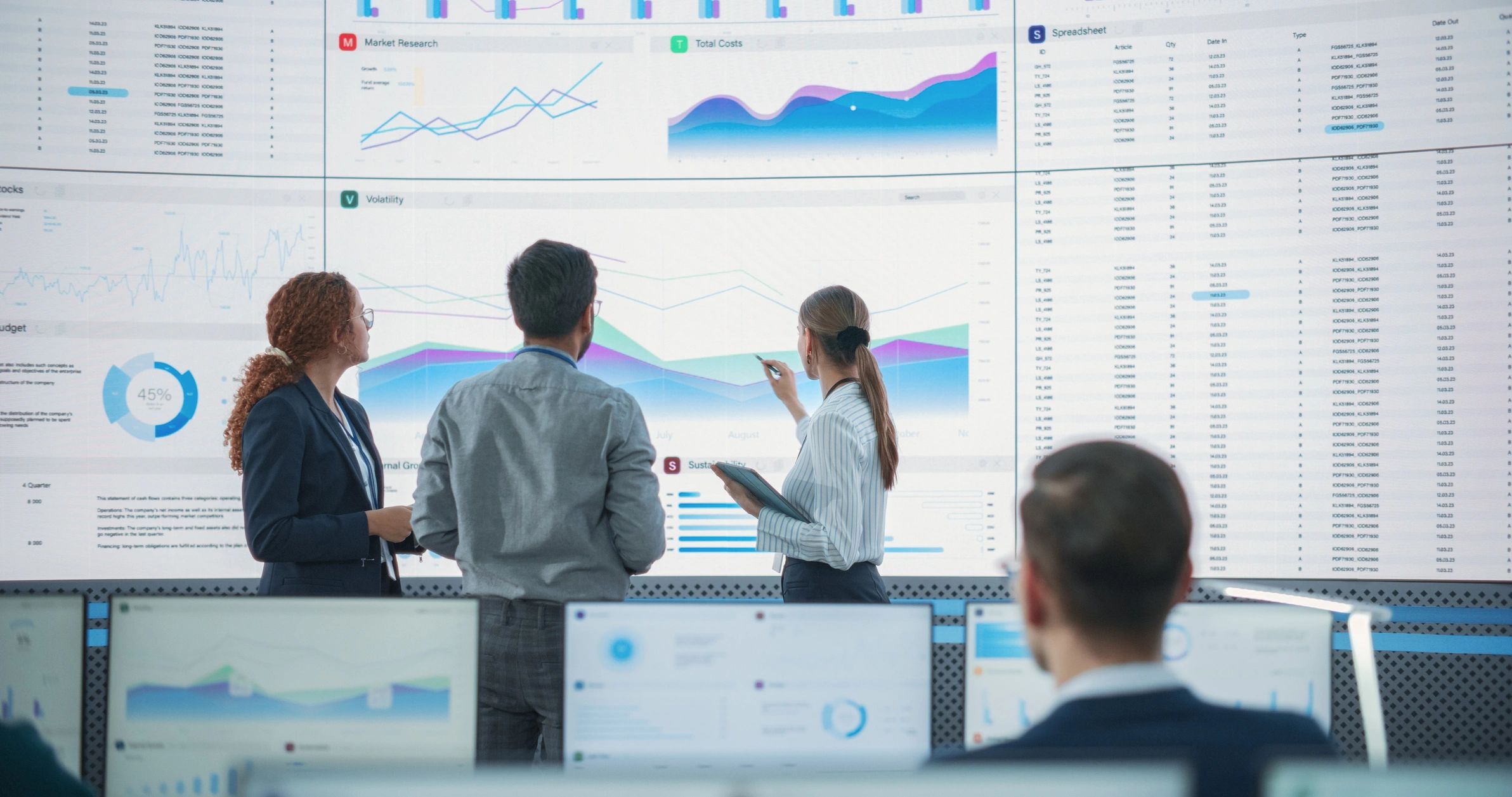 Marketing and analytics team reviewing campaign performance on a large screen