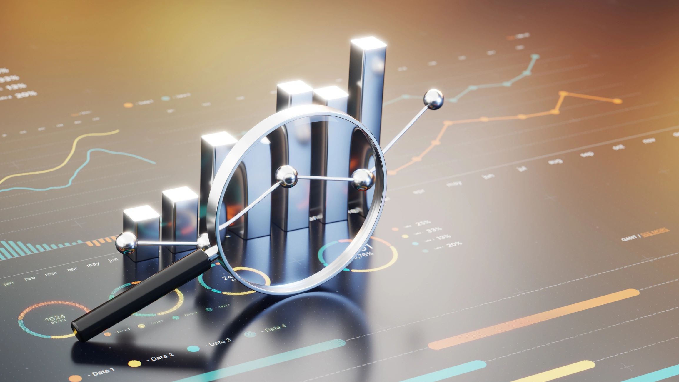 Magnifying glass over business charts representing campaign audit analysis
