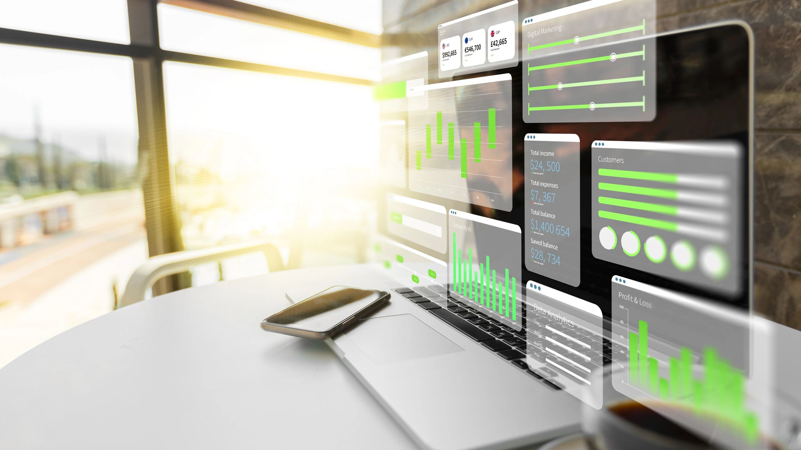 Laptop displaying digital strategy analytics in an office